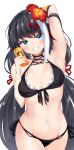  1girl arm_up armpits azur_lane bangs bare_arms bare_shoulders bikini black_bikini black_hair blue_eyes blush breasts commentary cowboy_shot deutschland_(azur_lane) deutschland_(service_time?!)_(azur_lane) duplicate eyebrows_visible_through_hair flower front-tie_bikini front-tie_top grin groin hair_flower hair_ornament hand_up hibiscus highres holding irohara long_hair looking_at_viewer manjuu_(azur_lane) medium_breasts mole multicolored_hair navel official_alternate_costume pixel-perfect_duplicate red_flower redhead sharp_teeth side-tie_bikini simple_background smile solo standing stomach streaked_hair swimsuit teeth very_long_hair white_background white_hair 