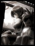 1boy 1girl bag bangs black_border blazer border bracelet breasts closed_mouth commentary_request earrings feet_out_of_frame from_side geo_stelar_(mega_man) greyscale hair_between_eyes handbag holding holding_photo hope_stelar_(mega_man) hoshikawa_akane hoshikawa_subaru hoshikawa_subaru_(rockman) jacket jewelry kelvin_stelar_(mega_man) looking_down medium_breasts mega_man_(series) mega_man_star_force monochrome mother_and_son napo photo_(object) picture_frame sad seat shirt short_hair shorts sitting spiky_hair striped striped_shirt turtleneck vehicle_interior vertical-striped_shirt vertical_stripes younger