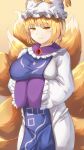  1girl animal_ears arms_under_breasts blonde_hair breasts cowboy_shot dress fox_ears fox_tail hat highres large_breasts light_blush light_smile looking_at_viewer mirufui multiple_tails orange_background pillow_hat short_hair simple_background solo tabard tail touhou white_dress yakumo_ran yellow_eyes 