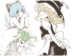  3girls ^_^ asutora black_headwear blonde_hair blue_eyes blue_hair bow braid cirno clenched_teeth closed_eyes daiyousei eyebrows_visible_through_hair green_hair hair_bow hat ice ice_wings kirisame_marisa long_hair looking_at_viewer multiple_girls outstretched_arms short_hair side_ponytail simple_background single_braid smile teeth touhou white_background wings witch_hat 