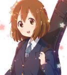  1girl arm_up atu bangs blue_jacket brown_eyes brown_hair buttons commentary_request eyebrows_visible_through_hair guitar_case hair_between_eyes hair_ornament hairclip head_tilt hirasawa_yui instrument_case jacket k-on! light_blush light_particles long_sleeves looking_at_viewer necktie open_mouth school_uniform shirt short_hair signature simple_background smile solo star_(symbol) teeth twitter_username upper_teeth white_background white_shirt 