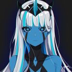  001_(darling_in_the_franxx) 1girl absurdres blue_eyes blue_hair blue_skin closed_mouth collarbone colored_skin darling_in_the_franxx headpiece highres horns long_hair looking_at_viewer multicolored_hair signature silver_hair single_horn solo streaked_hair two-tone_hair upper_body very_long_hair yuuta_(yuuta0312) 