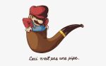  1boy bangs brown_hair facial_hair fine_art_parody french_text gloves grey_background hands_up hat long_sleeves male_focus mario super_mario_bros. mustache parody philipp_urlich pipe red_headwear red_shirt shirt simple_background solo stuck swipe translated 