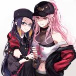  2girls baseball_cap beret crop_top dress glasses grin hand_in_pocket hat holding holding_instrument hololive hololive_english instrument jacket looking_at_viewer midriff mori_calliope multiple_girls ninomae_ina&#039;nis off_shoulder official_alternate_costume pink_eyes pink_hair ponytail purple_hair recorder simple_background smile v-shaped_eyebrows virtual_youtuber white_background yuuyu_(777) 