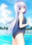  1girl absurdres ass bangs bare_shoulders black_swimsuit blue_eyes blue_hair blue_sky blurry blurry_background blush breasts clouds competition_school_swimsuit day depth_of_field eyebrows_visible_through_hair gochuumon_wa_usagi_desu_ka? hair_between_eyes hair_ornament highres kafuu_chino long_hair looking_at_viewer looking_back one-piece_swimsuit outdoors pizzzica pool school_swimsuit sky small_breasts solo standing swimsuit very_long_hair water wet x_hair_ornament 