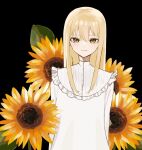  1girl arms_behind_back black_background blonde_hair closed_mouth commentary_request donguri_hello dress flower frills hair_between_eyes light_smile long_hair long_sleeves looking_at_viewer original simple_background solo straight-on sunflower upper_body white_dress yellow_eyes yellow_flower 