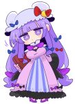  bangs blue_bow blunt_bangs book bow crescent crescent_hat_ornament crescent_pin double_bun dress frilled_sleeves frills hair_bow hat hat_ornament hat_ribbon high_heels highres long_dress long_hair long_sleeves mob_cap multi-tied_hair op_na_yarou patchouli_knowledge purple_bow purple_capelet purple_dress purple_footwear purple_hair purple_headwear red_bow red_ribbon ribbon striped striped_dress touhou very_long_hair violet_eyes 