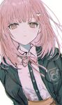  1girl bangs blunt_bangs blush brown_eyes brown_skirt collared_shirt dangan_ronpa_(series) dangan_ronpa_2:_goodbye_despair dress_shirt eyebrows_visible_through_hair frown green_jacket green_shirt hair_ornament hairclip highres hood jacket looking_at_viewer medium_hair nanami_chiaki neck_ribbon nokoru_sora open_clothes open_jacket pink_eyes pink_hair pink_ribbon ribbon shiny shiny_hair shirt shirt_tucked_in simple_background sketch skirt solo spaceship_hair_ornament upper_body white_background white_shirt 