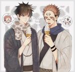  2boys black_eyes black_hair blue_scarf brown_hair closed_mouth extra_eyes facial_tattoo food fushiguro_megumi happy_new_year highres holding holding_food ice_cream ice_cream_cone itadori_yuuji japanese_clothes jujutsu_kaisen kimono licking male_focus multiple_boys new_year open_mouth red_eyes ryoumen_sukuna_(jujutsu_kaisen) scarf short_hair spiky_hair tattoo tongue tongue_out twitter_username undercut white_kimono wide_sleeves yurita_(pokotoyurita) 