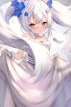  1girl animal_ears azur_lane bangs bare_shoulders blue_flower blush breasts commentary dress eyebrows_visible_through_hair feathers flower gloves hair_flower hair_ornament irokari jewelry laffey_(azur_lane) laffey_(white_rabbit&#039;s_oath)_(azur_lane) looking_at_viewer medium_breasts official_alternate_costume pendant red_eyes skirt_hold solo twintails upper_body white_dress white_gloves white_hair 