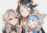  1boy 2girls absurdres apron black_hair blue_hair circlet closed_eyes corrin_(fire_emblem) corrin_(fire_emblem)_(male) fire_emblem fire_emblem_fates forehead_jewel highres lilith_(fire_emblem) looking_at_another maid_apron maid_headdress mikoto_(fire_emblem) mole mole_under_mouth multiple_girls open_mouth pointy_ears red_eyes smile white_hair yasaikakiage younger 