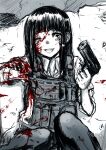  1girl :d bangs black_hair blood blood_on_face blood_splatter bloody_clothes blunt_bangs body_armor broken_bone broken_wall commentary_request dress_shirt greyscale gun guro handgun hat highres hime_cut holding holding_gun holding_pistol holding_weapon injury long_hair long_sleeves looking_at_viewer military military_uniform monochrome neko_zukin one_eye_closed open_mouth original pants pistol pouch shirt sidelocks sitting sleeves_rolled_up smile solo spot_color tareme teeth uniform upper_teeth vest wall weapon white_shirt wing_collar 