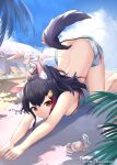  2girls animal_ear_fluff animal_ears bangs barefoot beach bikini black_hair blue_sky breasts crab day hair_between_eyes hair_ornament hololive long_hair looking_at_viewer medium_breasts mujinbi multicolored_hair multiple_girls ookami_mio outdoors palm_tree patreon_username redhead shirakami_fubuki sky solo_focus streaked_hair stretch swimsuit tail top-down_bottom-up tree virtual_youtuber wolf_ears wolf_girl wolf_tail yellow_eyes 