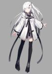  1girl black_legwear black_shorts closed_mouth coat copyright_request grey_background grey_eyes hair_ornament hairclip highres hood hood_down hooded_coat long_hair long_sleeves looking_at_viewer micro_shorts nagishiro_mito one_side_up shorts simple_background solo thigh-highs white_coat white_hair 