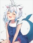  1girl :d ^_^ animal_ears bangs blue_dress blue_hair blush cat_ears closed_eyes commentary_request dress eyebrows_visible_through_hair fish_tail gawr_gura grey_background highres hololive hololive_english long_hair multicolored_hair open_mouth shark_tail sharp_teeth shirt shuuzo3 side_ponytail sitting sleeveless sleeveless_dress smile solo streaked_hair tail teeth virtual_youtuber water white_hair white_shirt 