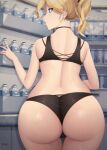  1girl absurdres ass back bangs bare_arms bianka_durandal_ataegina black_bra black_panties blonde_hair blue_eyes bottle bra can closed_mouth ear_piercing eyebrows_visible_through_hair hair_ribbon highres honkai_(series) honkai_impact_3rd looking_to_the_side milk_carton nail_polish panties piercing ponytail refrigerator ribbon senjouhara_nira short_hair signature skindentation solo standing thigh_gap thighs underwear underwear_only water_bottle 