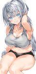  1girl arm_up blue_eyes breasts highres kou_mashiro large_breasts long_hair looking_at_viewer navel original silver_hair simple_background smile solo sweat very_long_hair white_background 