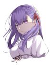  1girl bangs breasts closed_mouth eyebrows_visible_through_hair fate/stay_night fate_(series) hair_ribbon long_hair looking_at_viewer matou_sakura medium_breasts purple_hair red_ribbon ribbon solo spider_apple upper_body violet_eyes 