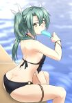  1girl absurdres akito_(sub707) ass bikini black_bikini bracelet breasts butt_crack eating food green_hair hair_between_eyes hair_ribbon highres jewelry kantai_collection light_blush long_hair looking_at_viewer looking_back medium_breasts pool poolside popsicle ribbon sitting solo swimsuit thigh_strap twintails water white_ribbon yellow_eyes zuikaku_(kancolle) 