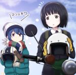  2girls black_hair blue_eyes bob_cut brown_eyes crossover gloves hat headwear_removed helmet helmet_removed honda_super_cub jacket koguma_(super_cub) motorcycle_helmet multiple_girls samenoido scarf school_uniform shima_rin short_hair super_cub trait_connection translated violet_eyes winter_clothes yurucamp 