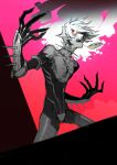  1boy angry armor bodysuit chest_jewel collar fangs fate/grand_order fate_(series) glowing glowing_eye gradient gradient_background gurekoguriko highres jewelry karna_(fate) male_focus muted_color outstretched_hand single_earring solo spiked_collar spikes white_hair 