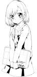  1girl akitsuki_itsuki blush bob_cut closed_mouth copyright_request dress greyscale holding jacket long_sleeves looking_at_viewer medium_hair monochrome simple_background solo v_arms white_background 