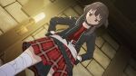  bandaged_leg bandages brown_hair highres jacket kono_subarashii_sekai_ni_shukufuku_wo! leather leather_jacket megumin plaid plaid_skirt red_eyes red_skirt short_hair skirt 