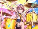 bang_dream! blue_eyes blush brown_hair dress drum_set long_hair official_art ponytail smile wink yamabuki_saaya