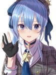  1girl ascot bangs beret black_gloves blue_choker blue_eyes blue_hair blue_neckwear blush buttons choker crown dress eyebrows_visible_through_hair gloves grey_dress grey_headwear hair_between_eyes hair_ribbon hat highres hololive hoshimachi_suisei jewelry long_hair looking_at_viewer medium_hair mini_crown natsuki_(natukituki) parted_lips partially_fingerless_gloves pendant plaid plaid_dress plaid_headwear ribbon side_ponytail sleeve_cuffs smile solo star_(symbol) star_in_eye star_pendant symbol_in_eye tilted_headwear virtual_youtuber waving 