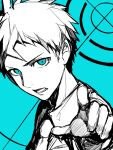  1boy ahoge alternate_eye_color aqua_background bangs blue_eyes close-up collared_shirt commentary_request dangan_ronpa_(series) dangan_ronpa_2:_goodbye_despair face highres hinata_hajime hitoto index_finger_raised looking_at_viewer lower_teeth male_focus necktie open_mouth pointing pointing_at_viewer shirt short_hair simple_background solo spot_color upper_body 