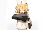  1girl absurdres black_sleeves blonde_hair bow commentary crying detached_sleeves hair_ornament hairclip highres kagamine_rin muaooooo open_mouth orange_nails puffy_sleeves shirt short_hair simple_background solo upper_body vocaloid white_background white_bow white_shirt yellow_bow 