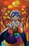  1girl absurdres bag blue_eyes blue_hair cape earrings highres jewelry multicolored multicolored_clothes neruzou rainbow short_hair solo tenkyuu_chimata touhou unconnected_marketeers 