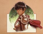  1girl armor army berserk brown_eyes capelet casca_(berserk) dark-skinned_female dark_skin dave_rapoza lance lips polearm red_capelet short_hair solo_focus upper_body weapon 