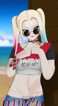  beach bikini blonde_hair blue_eyes blue_hair breast_tattoo choker glasses harley_quinn heart highres makeup multicolored_hair pale_skin piercing pink_hair rorro182 self_upload smile solo suicide_squad swimsuit tattoo twintails 