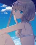  1girl bangs bikini blonde_hair blue_eyes blue_sky breasts clouds day eyebrows_visible_through_hair from_side looking_at_viewer looking_to_the_side medium_breasts nagishiro_mito original outdoors parasol sitting sky smile solo swimsuit umbrella white_bikini 