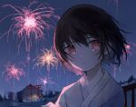  1girl bangs black_hair crying crying_with_eyes_open fireworks hair_between_eyes highres japanese_clothes kimono looking_at_viewer night night_sky original outdoors portrait railing red_eyes short_hair sky solo tears torii twitter_username warabimoti_yoz 