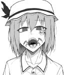  1girl @_@ absurdres bangs collarbone collared_shirt commentary_request cookie_(touhou) extra_ears extra_teeth eyebrows_visible_through_hair greyscale hair_between_eyes hat highres hisaka_(cookie) horror_(theme) iroha_(nicoseiga97312726) looking_at_viewer mob_cap monochrome open_mouth remilia_scarlet shirt short_hair simple_background solo tongue touhou upper_body uvula 