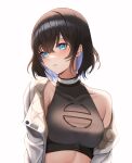  1girl absurdres ame_816 bangs black_hair blue_eyes blue_hair breasts commentary_request commission covered_collarbone crossed_bangs highres jacket looking_at_viewer off_shoulder open_clothes open_jacket original single_bare_shoulder solo upper_body white_background 