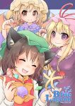  3girls ^_^ animal_ear_fluff animal_ears blonde_hair blush bow bowtie breasts brown_hair cat_ears chen closed_eyes cover dress fang fox_ears fox_tail hanabi_(karintou15) hands_up hat highres holding jewelry long_hair looking_at_viewer medium_breasts mob_cap multiple_girls multiple_tails open_mouth pillow_hat purple_dress red_dress seashell shell short_hair single_earring skin_fang smile tail touhou upper_body yakumo_ran yakumo_yukari yellow_neckwear 