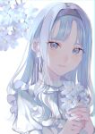  1girl blue_eyes blue_hair flower frills hairband highres holding holding_flower long_hair original solo towor_n 