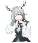 1girl absurdres alina_(arknights) animal_ears arknights black_dress black_sash chinese_commentary cropped_torso deer_antlers deer_ears deer_girl dress grey_eyes grey_hair hair_intakes hair_ornament hairclip hand_to_own_mouth hands_together highres long_hair looking_at_viewer sash shirt simple_background smile solo upper_body white_background white_shirt white_sleeves yumuto_(spring1786) 