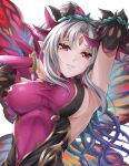  1girl armpits arms_up breasts butterfly_wings covered_navel elf facial_mark fairy_wings fire_emblem fire_emblem_heroes forehead_mark grin large_breasts long_hair looking_at_viewer plant plumeria_(fire_emblem) pointy_ears ponytail red_eyes sideboob silver_hair smile solo ten_(tenchan_man) thorns turtleneck upper_body vines white_background wings 