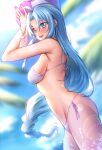  1girl ahoge arms_up ball bangs beachball bikini blue_eyes blue_hair blurry blurry_background blush breasts commentary_request cowboy_shot depth_of_field eyebrows_visible_through_hair highres holding holding_ball holding_beachball hua-j long_hair looking_at_viewer medium_breasts mole mole_under_eye open_mouth parted_bangs sentouin_hakenshimasu! side-tie_bikini smile snow_(sentouin_hakenshimasu!) solo standing swimsuit very_long_hair violet_eyes 