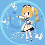  :d barbara_pegg beamed_eighth_notes black_eyes blonde_hair blue_background chibi cobalta detached_sleeves dress eyebrows_visible_through_hair genshin_impact holding holding_microphone latin_cross microphone musical_note open_mouth outstretched_arm sleeveless sleeveless_dress smile star_(symbol) twintails white_dress 