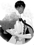  1boy arjuna_(fate) bouquet cape dark-skinned_male dark_skin dithering elbow_gloves fate/grand_order fate_(series) flower gloves gurekoguriko halftone highres male_focus monochrome smile solo 