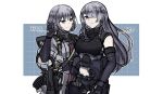  2girls absurdres ak-15_(girls_frontline) arm_up bangs braid breasts character_name closed_mouth cowboy_shot creepy_himecchi expressionless eyebrows_visible_through_hair girls_frontline gloves hair_over_one_eye highres jacket long_hair looking_at_viewer multiple_girls navel rpk-16_(girls_frontline) short_hair silver_hair smile violet_eyes weapon white_background 