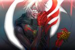  1boy arjuna_(fate) blood blood_on_face blue_eyes bodysuit fate/grand_order fate_(series) gloves gurekoguriko highres male_focus pale_skin red_gloves scarf solo white_hair wiping_face 