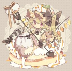  1girl alternate_costume bangs black_bow black_footwear black_neckwear blonde_hair bloomers bow closed_mouth crystal dress flandre_scarlet food food-themed_clothes fork full_body grey_background grey_legwear hair_bow heart high_heels highres holding holding_fork laevatein long_sleeves looking_at_viewer medium_hair nikorashi-ka pancake polka_dot polka_dot_background side_ponytail solo striped striped_dress striped_legwear symbol_commentary touhou underwear wings 