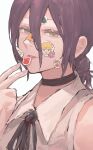  1girl 900p absurdres bandaid bandaid_on_nose black_choker chainsaw_man choker green_eyes hair_between_eyes hair_bun highres looking_at_viewer portrait reze_(chainsaw_man) simple_background solo sticker tongue tongue_out white_background 