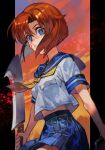  1girl blood blue_eyes blue_sailor_collar blue_skirt clouds cowboy_shot hankuri hatchet higurashi_no_naku_koro_ni hankuri looking_at_viewer neckerchief nose_hatchet orange_hair red_sky ryuuguu_rena sailor_collar school_uniform serafuku short_hair short_sleeves skirt sky solo yellow_neckwear 